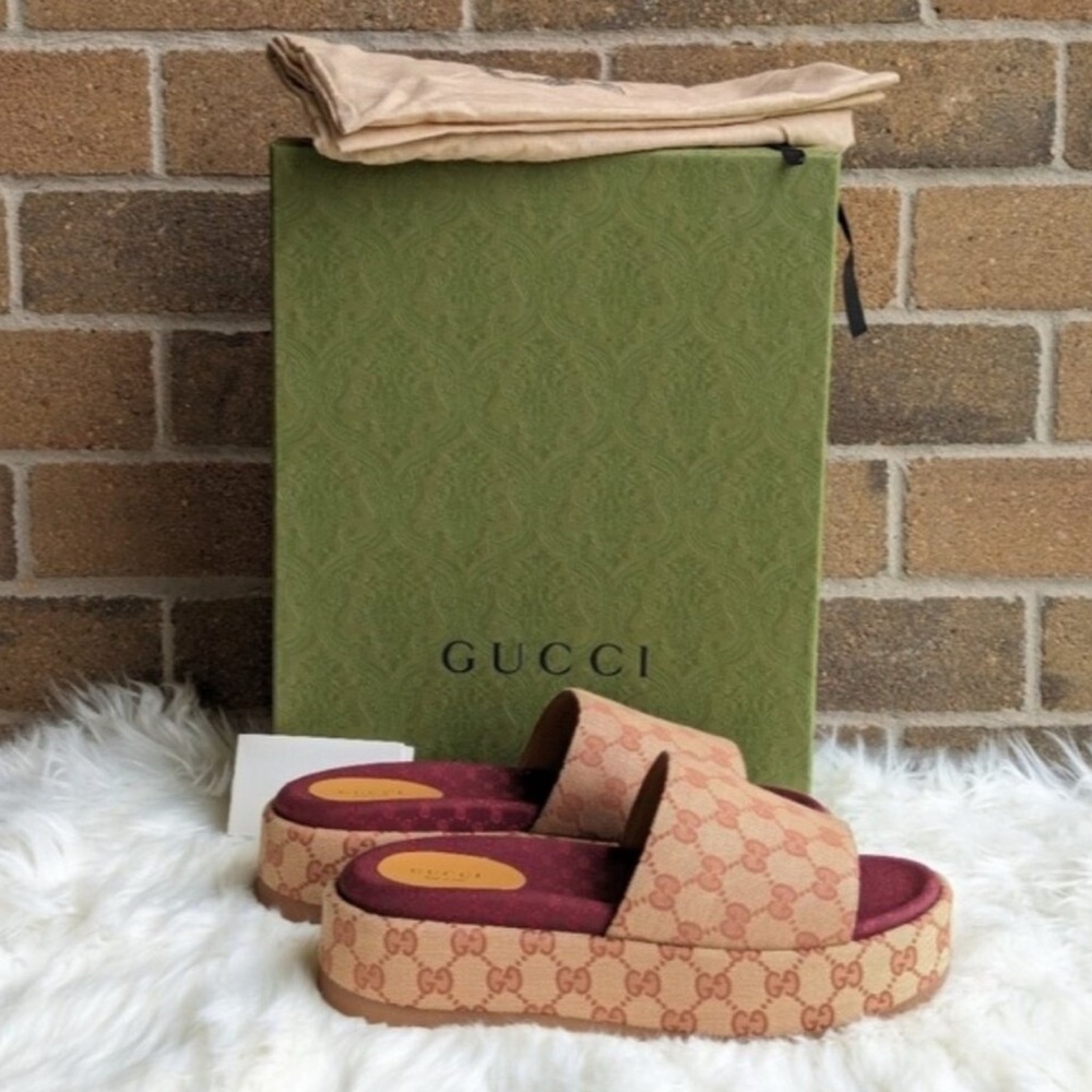 Gucci Beige and Burgundy Platform Sandals